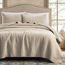 WDCOZY 100 Cotton King Size Quilt Set - Beige Neutral Striped Pick Stitch Soft