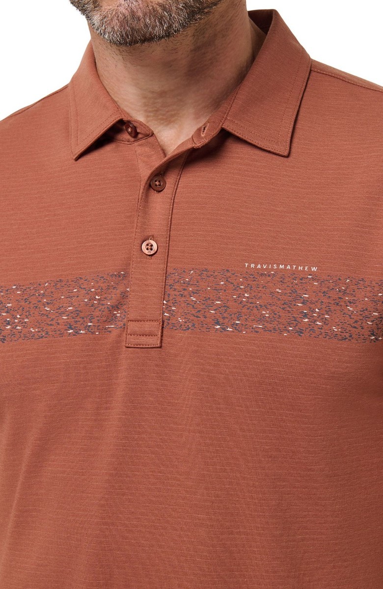 NEW Travis Mathew A42810 The Heather Chest Stripe Brown Golf Polo