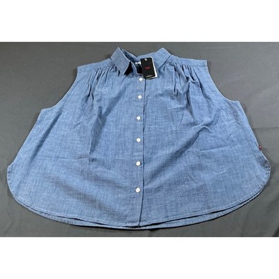 Levis Womens Blue Sleeveless Button Up Shirt Standard Fit NWT Cotton Size Large