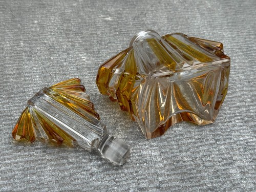 VINTAGE ART DECO AMBER & CLEAR RIBBED GLASS PERFUME BOTTLE EMPIRE STATE DABBER - Picture 6 of 9
