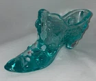 Fenton Aqua Blue Glass Slipper Original Label 2 1/2 Inches High Signed