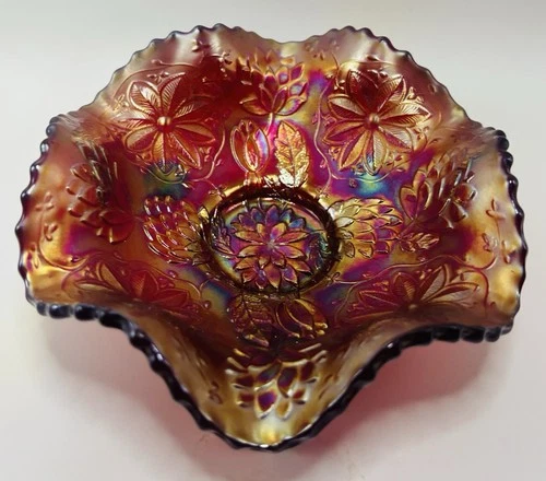 Fenton Carnival Glass Water Lily Lotus Poinsettia Red Footed Bowl Ruffled Edge