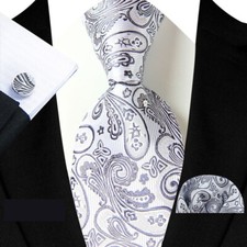 Classic Paisley Gray Silver Jacquard Silk Men's Tie Necktie Hanky Cufflink Set