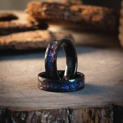 Unisex Hammered Black Nebula Meteorite Galaxy Blue Sandstone Ring - 6mm Band