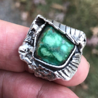 Handcrafted Artisan Ring: Gem Broken Arrow Green Variscite, Sterling  13.5