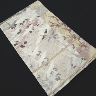 BB264V5 Silk Japanese Kimono Fukuro Obi Crane Birds Plum blossom