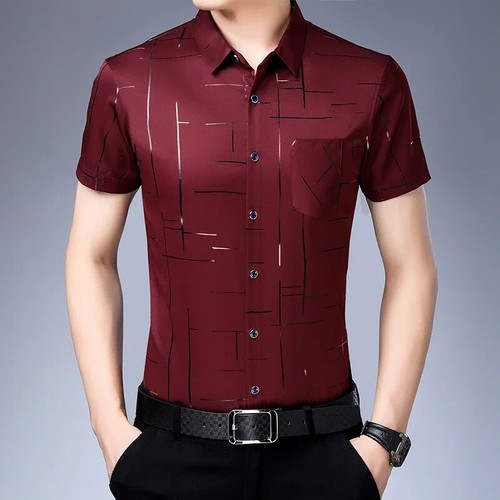 Camisa de trabajo de negocios elástica de secado rápido de seda helada antiarrugas para hombre manga corta - Imagen 16 de 29