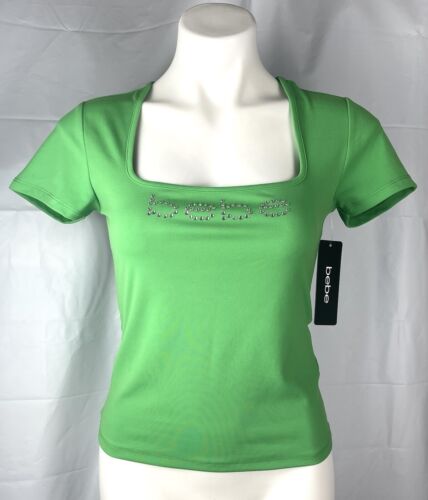 New Bebe Square Neck Top T Shirt Short Sleeve Stretch Crystal Logo Kelly Green M - Picture 1 of 9