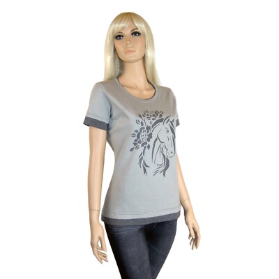 Designer Damen T-Shirt, 3D Pferdenbild, Lagenlook, Handmade, Einzelstück, Gr.38
