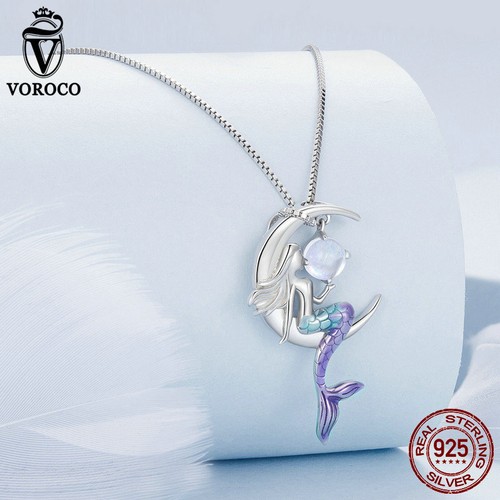 Voroco S925 Sterling Silver Mermaid Moonstone Necklace Women Fashionable Jewelry - Picture 8 of 16