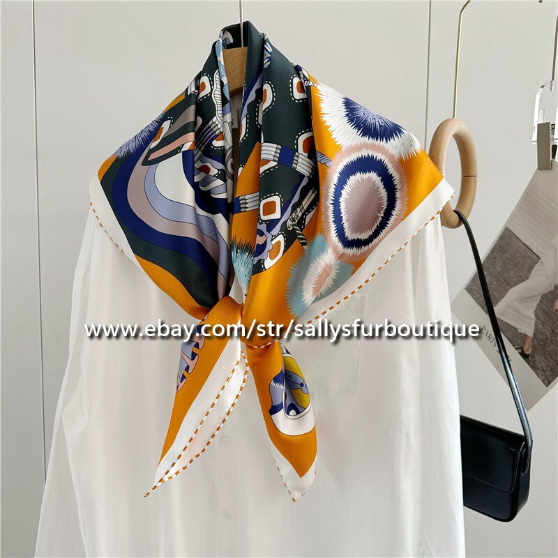 Horse Head Print 18 Momme Twill Silk Wrap Scarf Double Face Shawl 35 Inch Orange