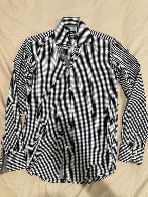 Hugo Boss Shirt Mens 15 38 Navy Blue White Gingham Plaid Button Dress Office