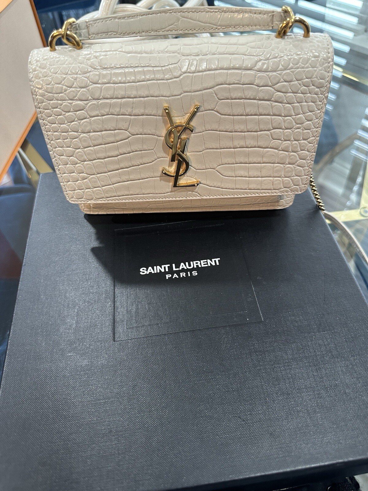 Luxury Calfskin Crocodile Embossed Cassandre Crossbody Bag