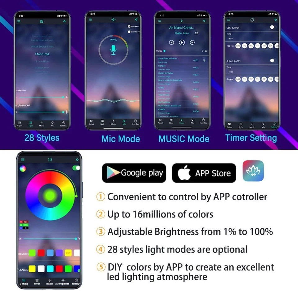 Tira de luces LED ambiente interior RGB coche 6M APP control de música lámparas de atmósfera Foto 4 de 4