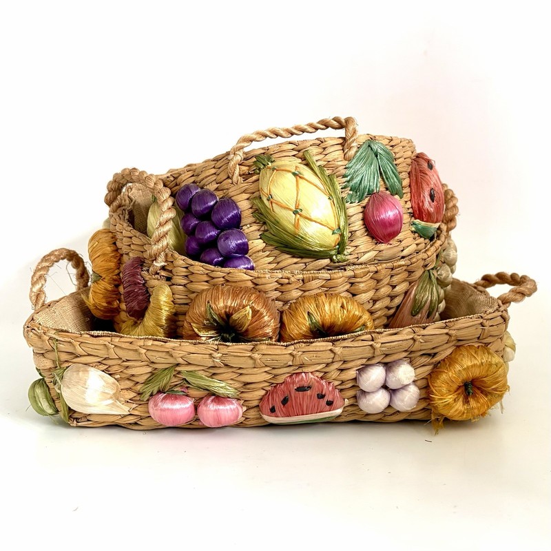 Vintage Hand Made Philippines Raffia Nesting Baskets Fruits &Veggies - Lot of 3