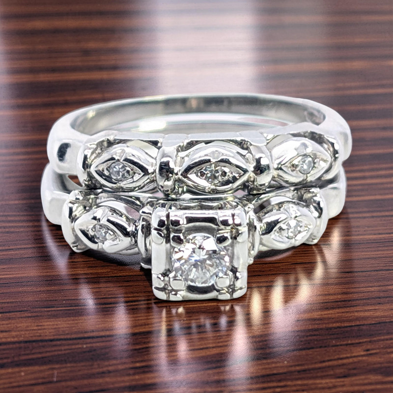 ESTATE VINTAGE SOLID 14K WHITE GOLD DIAMOND WEDDING BAND RING SET SIZE #7830