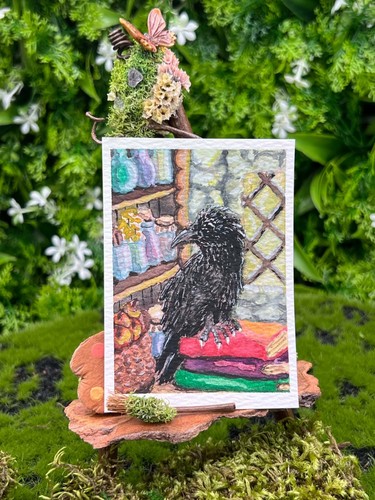 Raven Practical Magic Whimsigoth Kitchen ACEO Watercolor Cottage Witch OOAK
