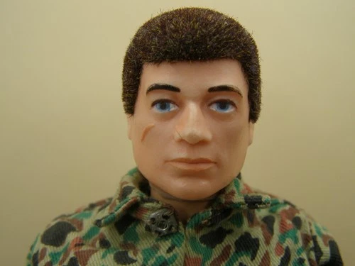 Vintage G.I. Joe 12" Brown Flocked hair. Camo Outfit,  Dog Tag Hasbro USA