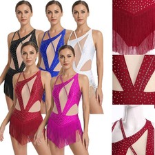 Womens Jumpsuit Prom Dancewear Mesh Bodysuit Buttoned Latin Crotch Rhinestone