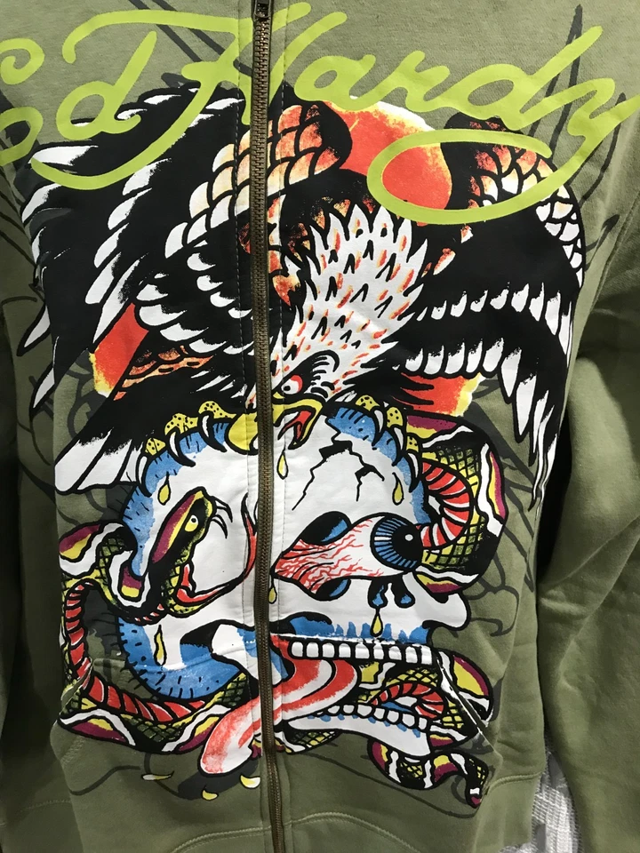 Chaqueta polar Ed Hardy para hombre talla M oliva claro cremallera completa calavera de batalla gráfico Foto 3 de 4