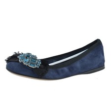 Miu Miu Women's Suede Dark Blue Crystal Decorated Ballet Flat Shoes Size 6 6.5