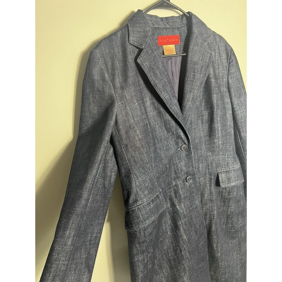 Chaqueta plumero vaquera vintage FCUK para mujer L borde crudo azul abrigo largo Y2K trinchera Foto 2 de 4