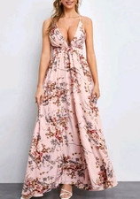WOMEN PLUS SIZE FLORAL DEEP V CRISS CROSS BACKLESS MAXI DRESS  ( SIZE L )