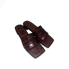 Zara Womens Croc Embossed Square Toe Block Heel Mules Dark Brown Size 39
