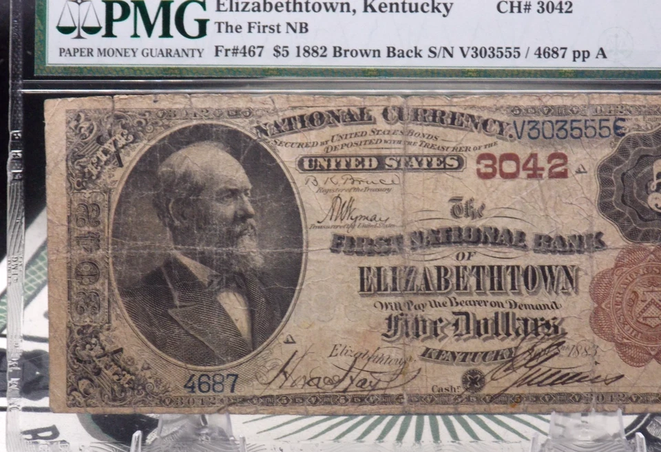 1882 $5 National Brown Back Bank Note *ELIZABETHTOWN* KY Fr#467 PMG VG10 CH#3042 - Image 2 of 4