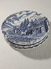 Set/7 Vntg Myott Royal Mail Blue/White 7 3/4" Stage Coach Salad/Side Plates