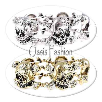 bracelet skull caste metal silver or gold tone with rhinestones adjustable 1'' wd
