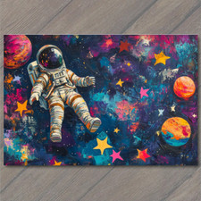 FLATCARD Surreal Space Astronaut Floating Stars Planets Vibrant Cosmic Scene