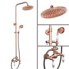 Antique Red Copper Bathroom Round Rainfall Shower Faucet Set Mixer Tap frg556