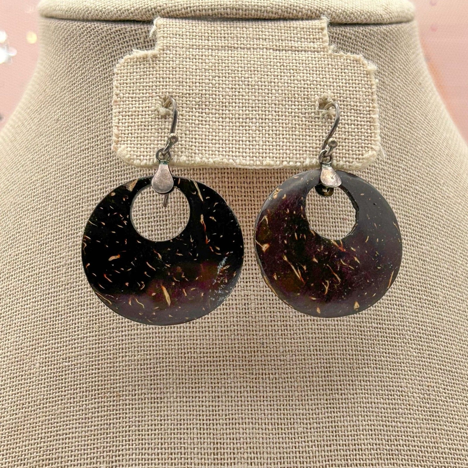 Coconut Shell Disk Earrings with Sterling Silver … - image 2