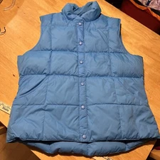 Lands End Down Puffer Vest L 14-16 Ocean Blue Snap Closure Women's Quilted Box