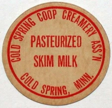 Vintage milk bottle cap COLD SPRING COOP CREAMERY ASSN Skim Milk Minnesota