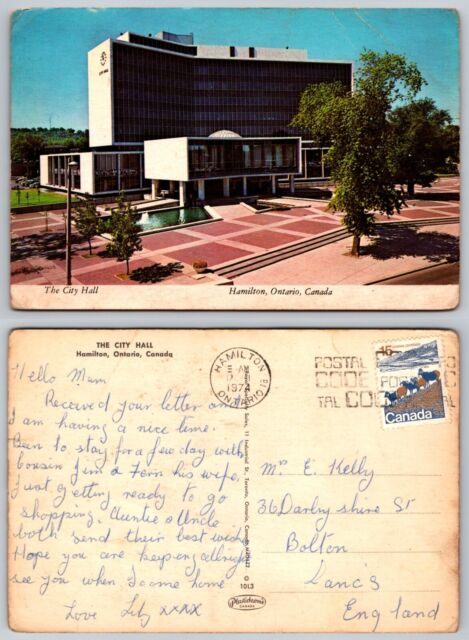 c21572 City Hall Hamilton Ontario Canada postcard 1974 stamp