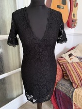 Topshop Black Lace Bodycon Deep V Neckline Lined Mini Dress Size 8 10