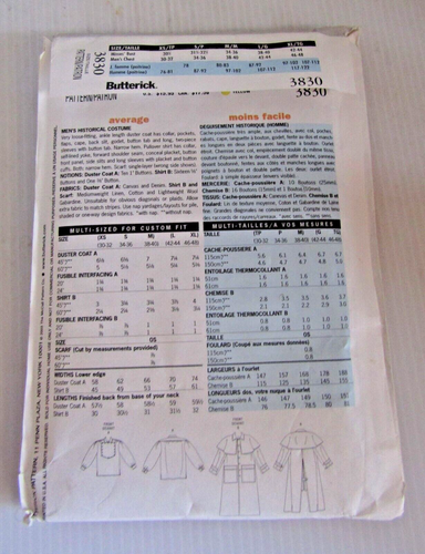 Butterick 3830 Mens Western Duster Coat Sewing Pattern XS S M Historical Costume - Picture 2 of 3