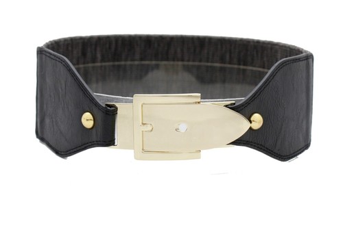 Women Gold Metal Bling Buckle Causal Day Wear Black Elastic Fabric Belt Size S M - Picture 8 of 12