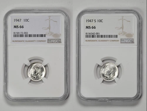 1947 P + S 10C Silver Roosevelt Dime NGC MS 66 Two Coin Lot