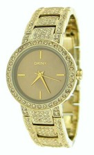 NEW DKNY GOLD TONE STAINLESS STEEL PAVE CRYSTAL,MOP DIAL,BRACELET WATCH NY8052