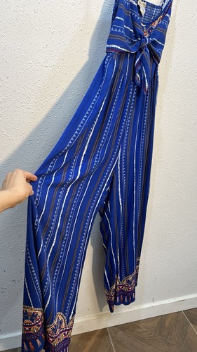 Palazzo Wide Leg Floral Jumpsuit Blue Boho Size Medium Flying Tomato Y2K