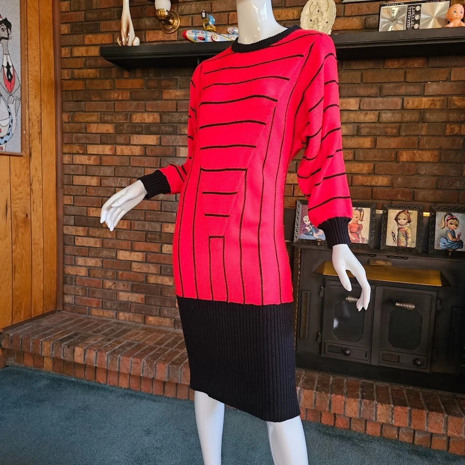 De Colección Años 80 Nueva Ola Contraste Rayas Lápiz Tejido Suéter Geométrico Movelar Vestido M/L Foto 4 de 4