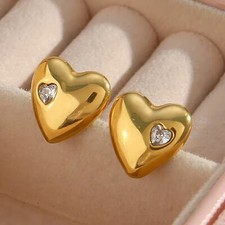Heart Stud Earrings with Embedded Zircon 18K Gold Plated Stainless Steel