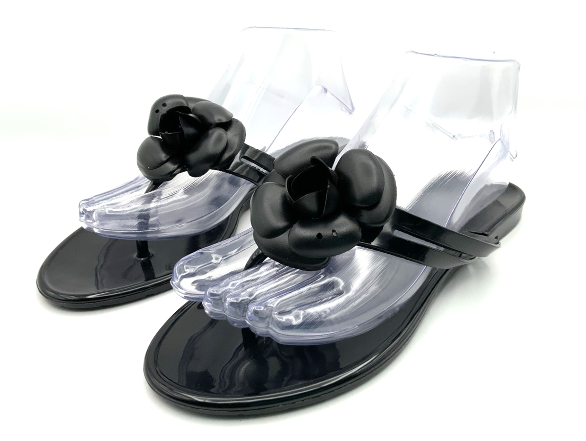 CHANEL Camellia CC Jelly Thong Flower Flip Flop Black Sandals 38 US