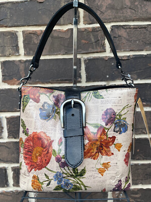 NWT $249 Patricia Nash Irving Bucket C/B Parisian Newspaper Floral Satchel multi