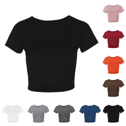 Womens Lady Short Sleeve Crop Top T-Shirt Vest Round Neck Stretch Plain Blouse