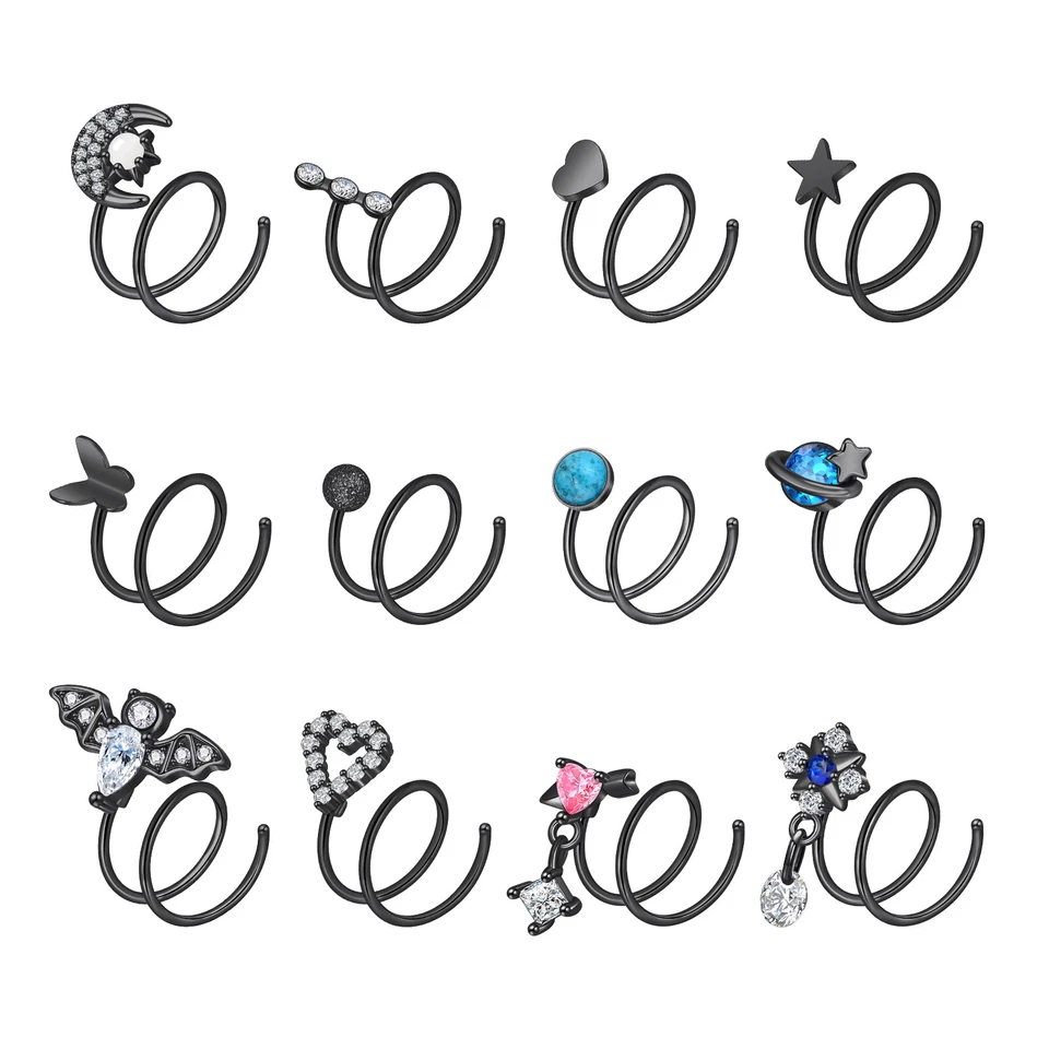 2PCS Double Hoop Spiral Nose Ring 16g Chain Dangle Nose Rings Studs Piercing 20G - Image 2 of 4