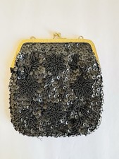 Vintage Hong Kong Beaded Evening Clutch Purse Black Floral Sequins Bounty 6 X 7